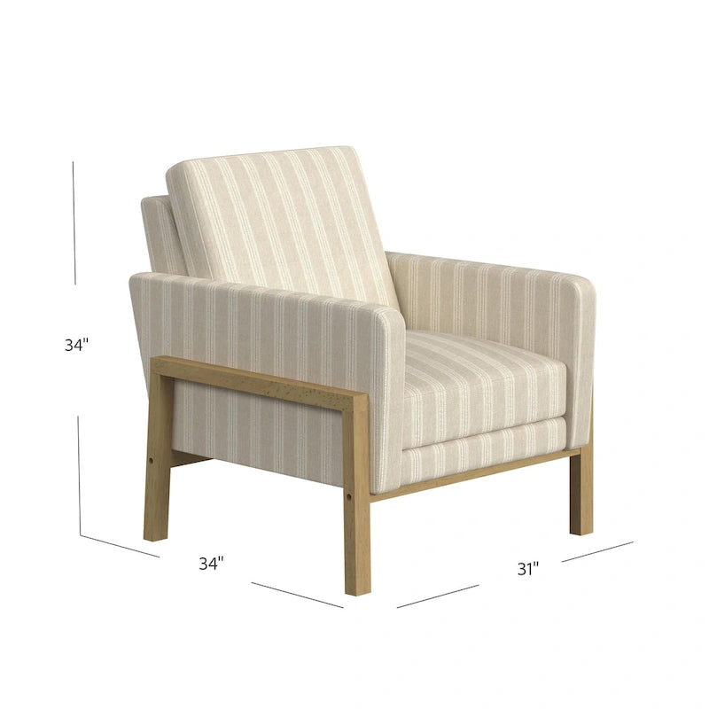 Sedia accento moderna con struttura in legno, tessuto bouclé crema e sedile a molle sinuose