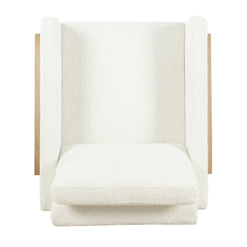 Sedia accento moderna con struttura in legno, tessuto bouclé crema e sedile a molle sinuose