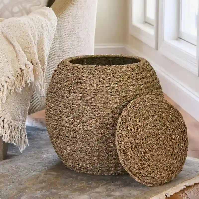 Tavolino Cesto Contenitore in Vimini Intrecciato a Mano a Forma di Barile, 43 cm (L) x 43 cm (P) x 48 cm (A)
