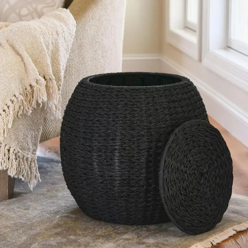 Tavolino Cesto Contenitore in Vimini Intrecciato a Mano a Forma di Barile, 43 cm (L) x 43 cm (P) x 48 cm (A)