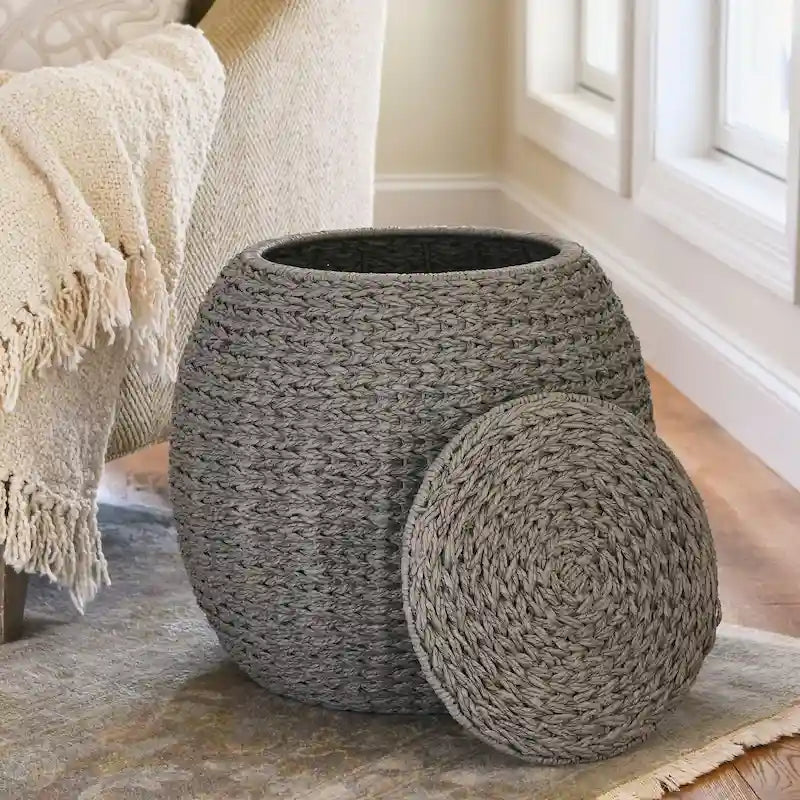 Tavolino Cesto Contenitore in Vimini Intrecciato a Mano a Forma di Barile, 43 cm (L) x 43 cm (P) x 48 cm (A)