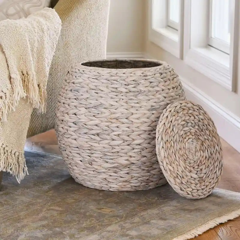 Tavolino Cesto Contenitore in Vimini Intrecciato a Mano a Forma di Barile, 43 cm (L) x 43 cm (P) x 48 cm (A)