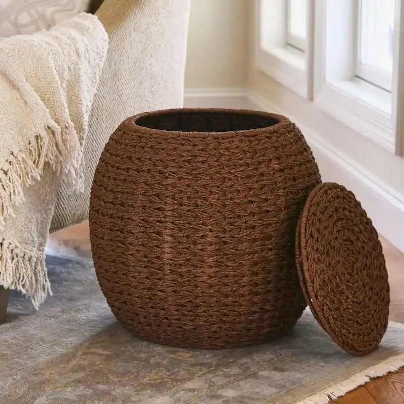 Tavolino Cesto Contenitore in Vimini Intrecciato a Mano a Forma di Barile, 43 cm (L) x 43 cm (P) x 48 cm (A)