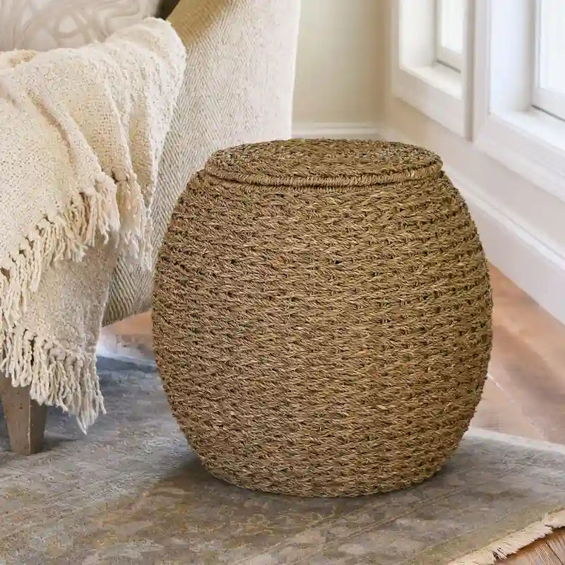 Tavolino Cesto Contenitore in Vimini Intrecciato a Mano a Forma di Barile, 43 cm (L) x 43 cm (P) x 48 cm (A)