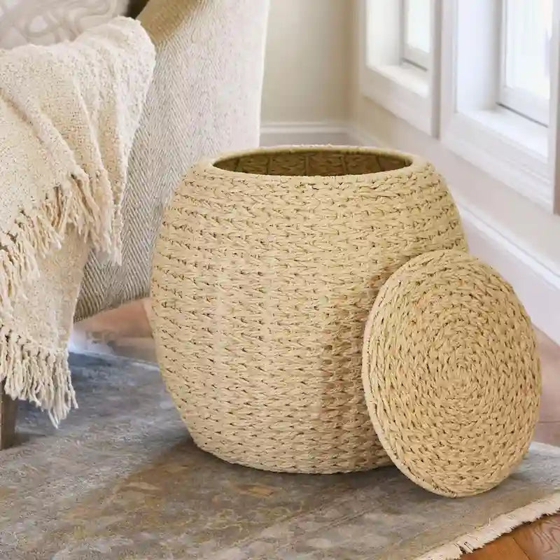 Tavolino Cesto Contenitore in Vimini Intrecciato a Mano a Forma di Barile, 43 cm (L) x 43 cm (P) x 48 cm (A)