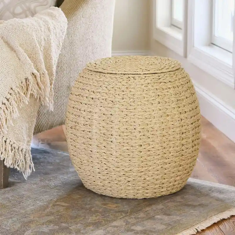 Tavolino Cesto Contenitore in Vimini Intrecciato a Mano a Forma di Barile, 43 cm (L) x 43 cm (P) x 48 cm (A)