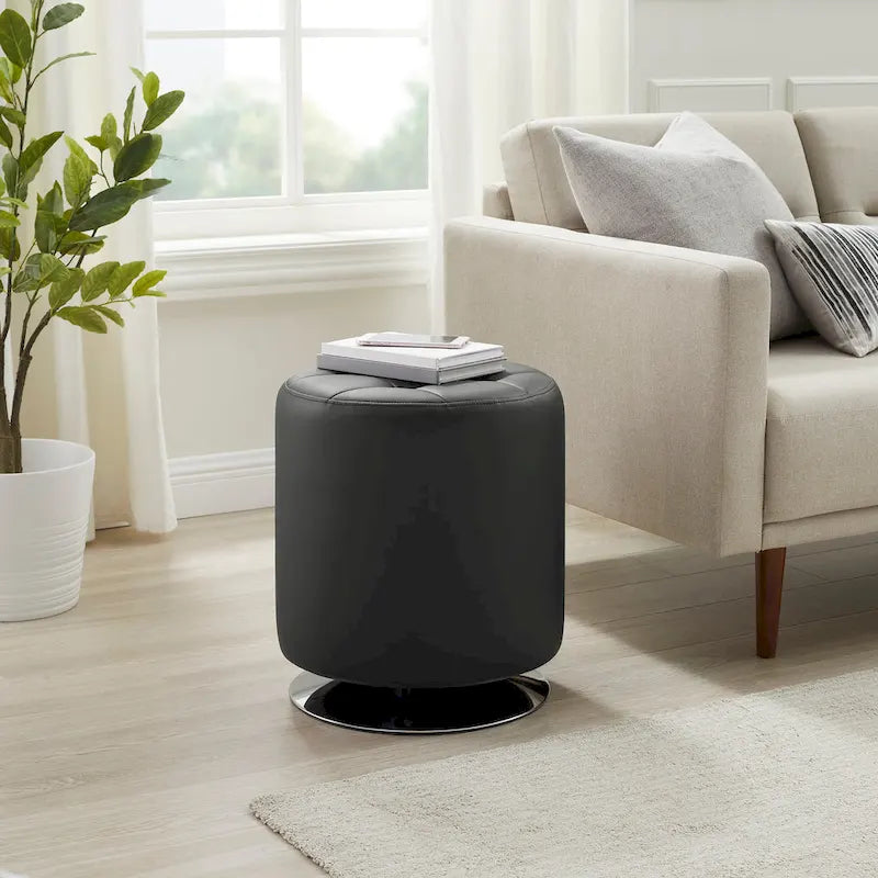Pouf girevole in similpelle con piano rotondo trapuntato e base in acciaio