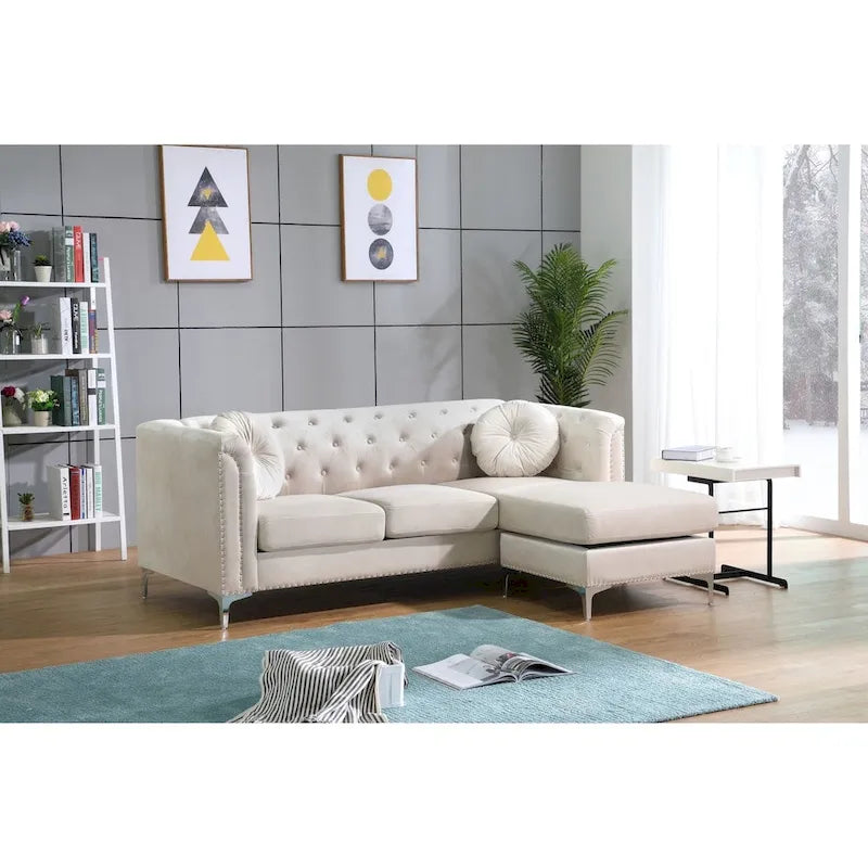 Divano in velluto trapuntato con chaise longue per salotto moderno