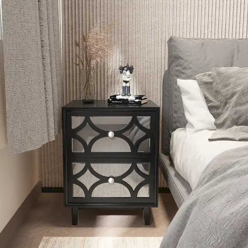 Comodino Moderno con Frontale a Specchio, Venatura del Legno Nera e Gambe in Legno Massello