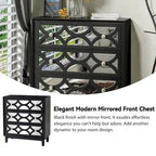 Comodino Moderno con Frontale a Specchio, Venatura del Legno Nera e Gambe in Legno Massello