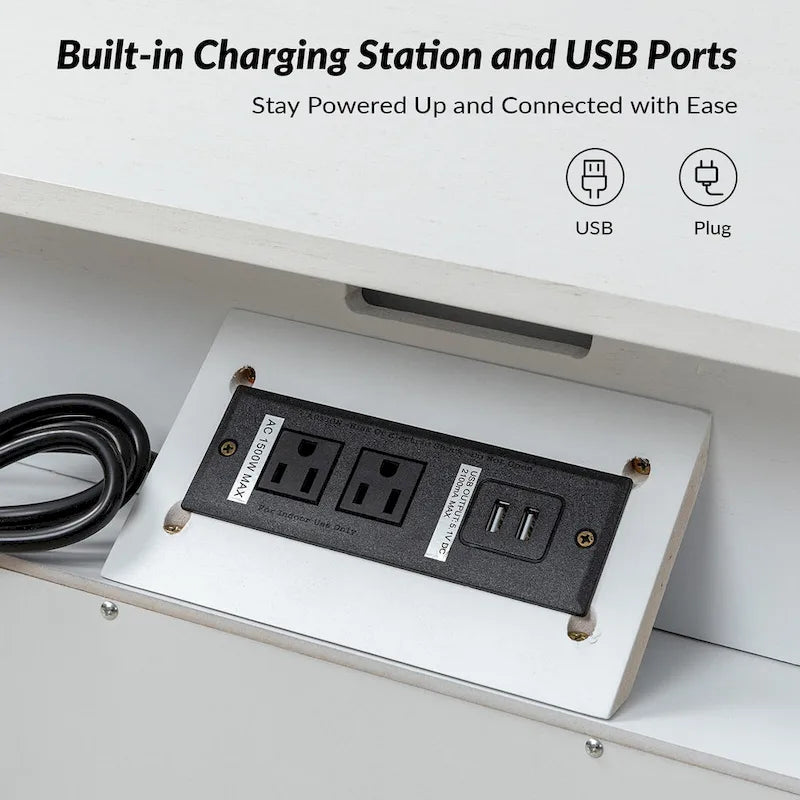 Comodino a 2 cassetti con stazione di ricarica integrata, porte USB e vassoio estraibile