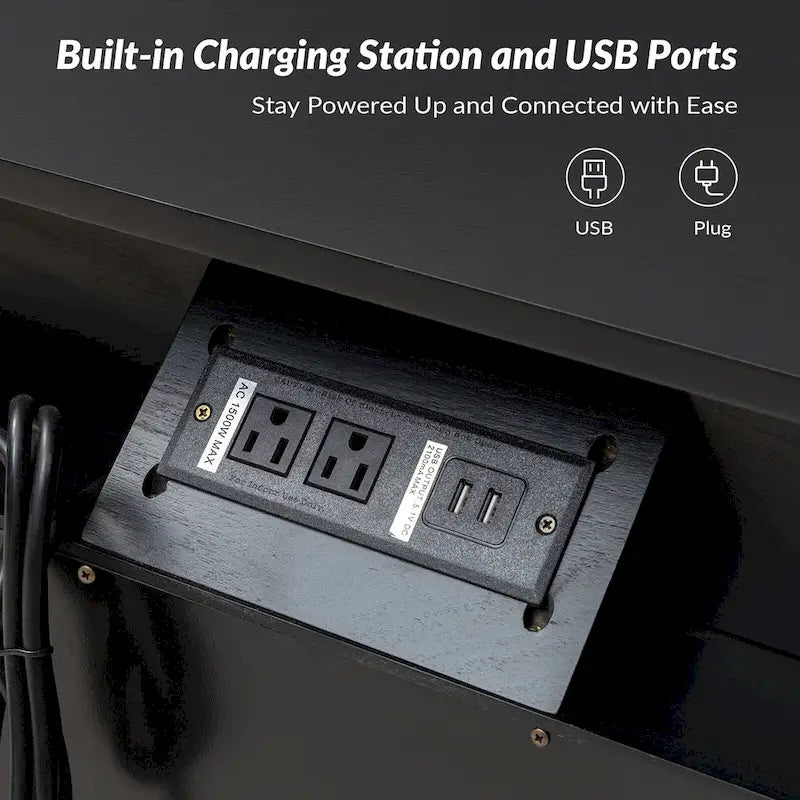 Comodino a 2 cassetti con stazione di ricarica integrata, porte USB e vassoio estraibile