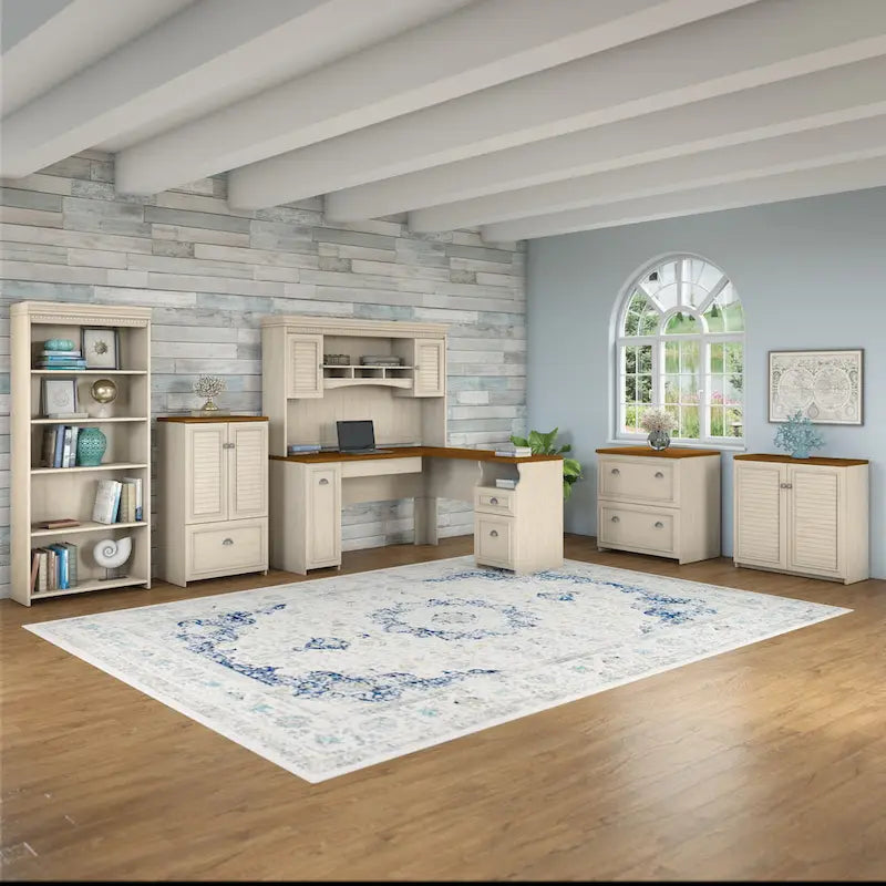 Scrivania a L per ufficio domestico con credenza e schedario