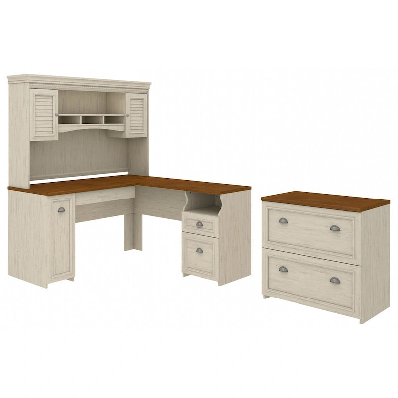 Scrivania a L per ufficio domestico con credenza e schedario