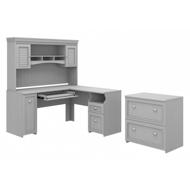Scrivania a L per ufficio domestico con credenza e schedario