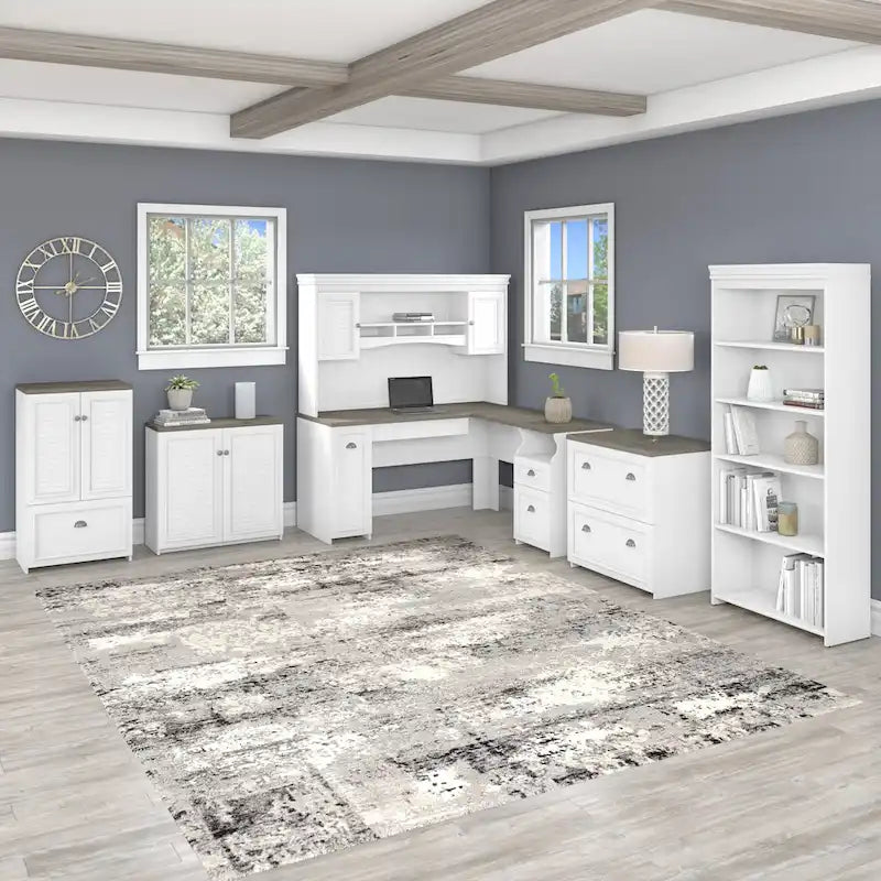 Scrivania a L per ufficio domestico con credenza e schedario