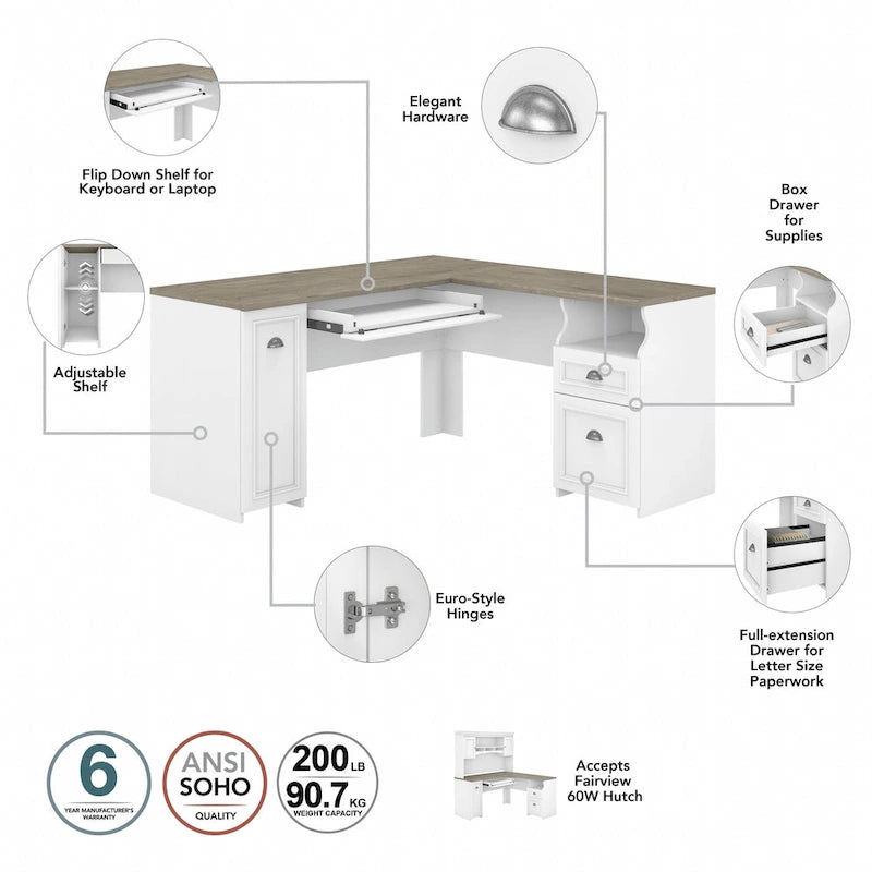 Scrivania a L per ufficio domestico con credenza e schedario