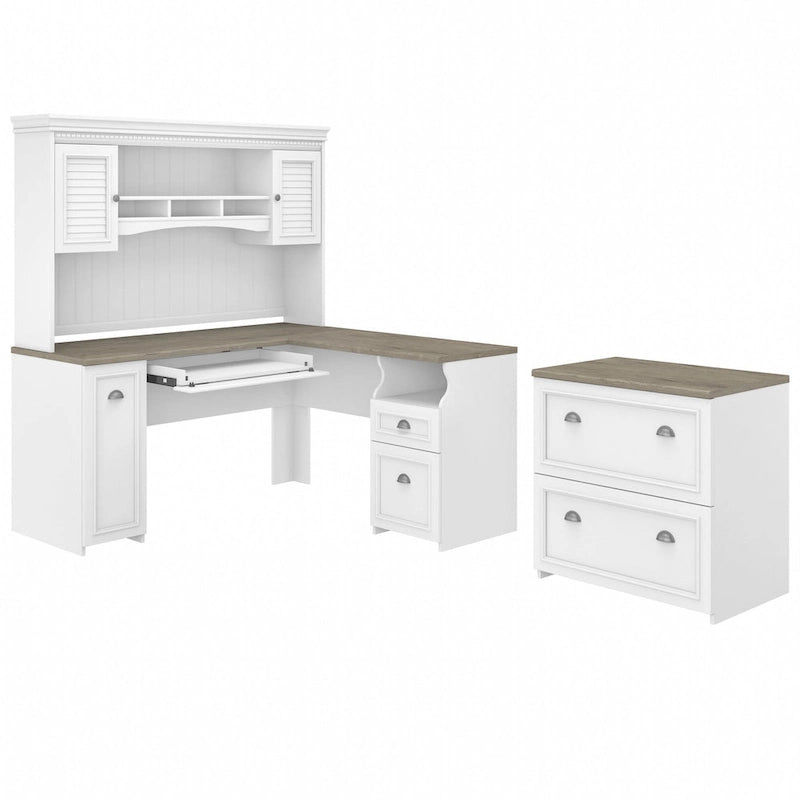 Scrivania a L per ufficio domestico con credenza e schedario
