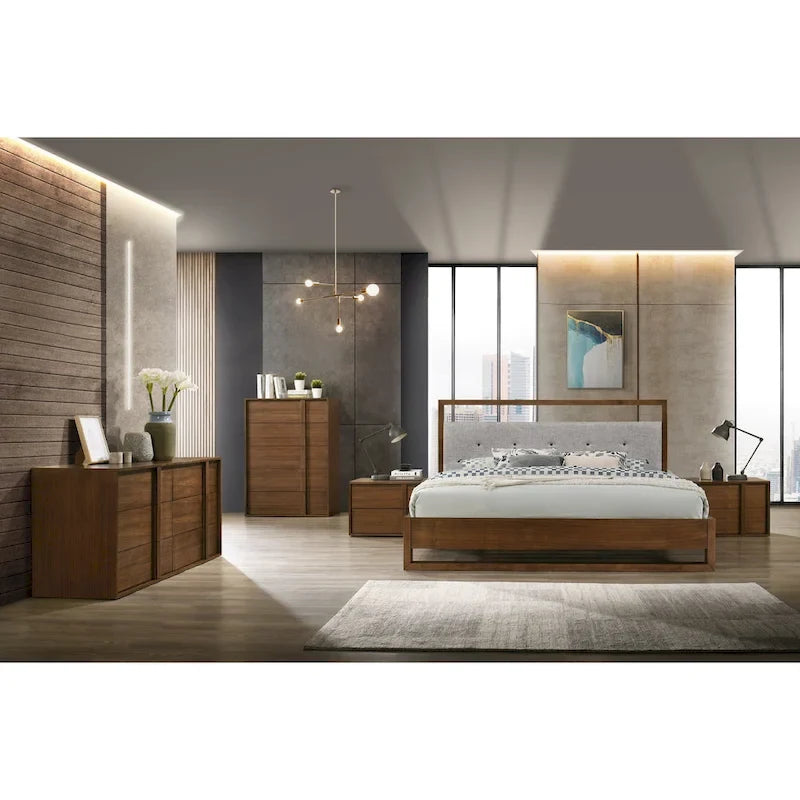 Struttura letto in tessuto grigio moderno e legno di noce