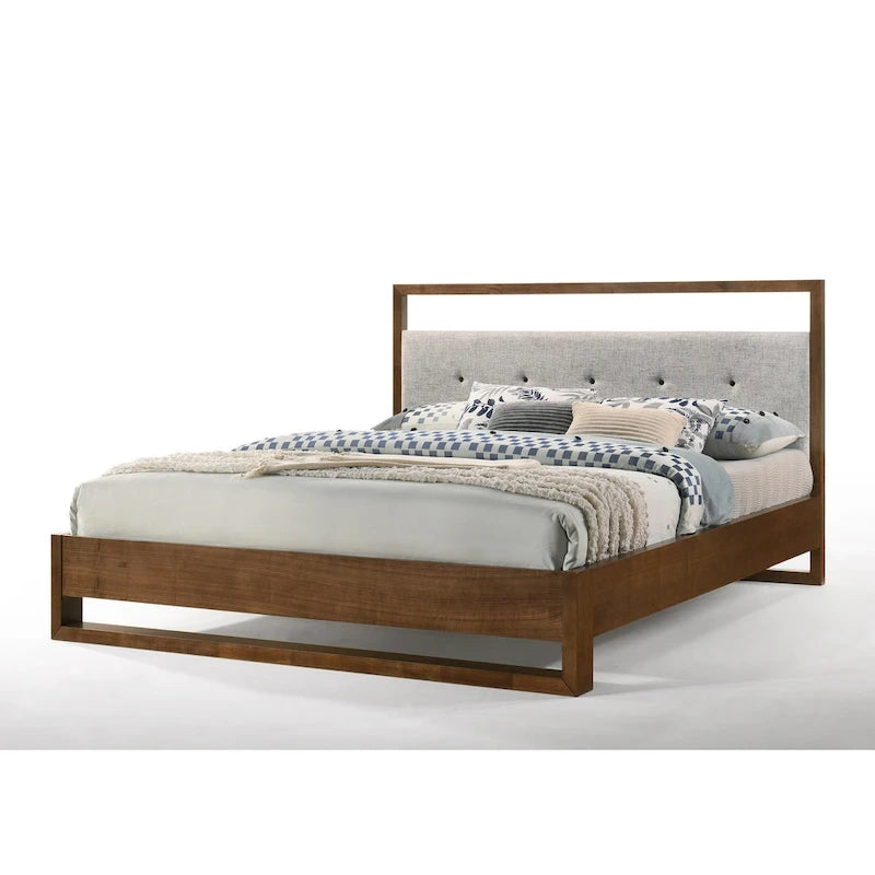 Struttura letto in tessuto grigio moderno e legno di noce