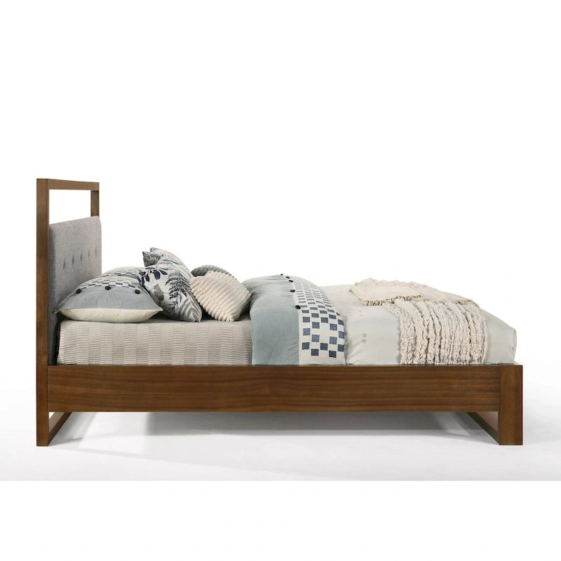 Struttura letto in tessuto grigio moderno e legno di noce