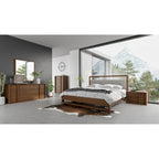 Struttura letto in tessuto grigio moderno e legno di noce