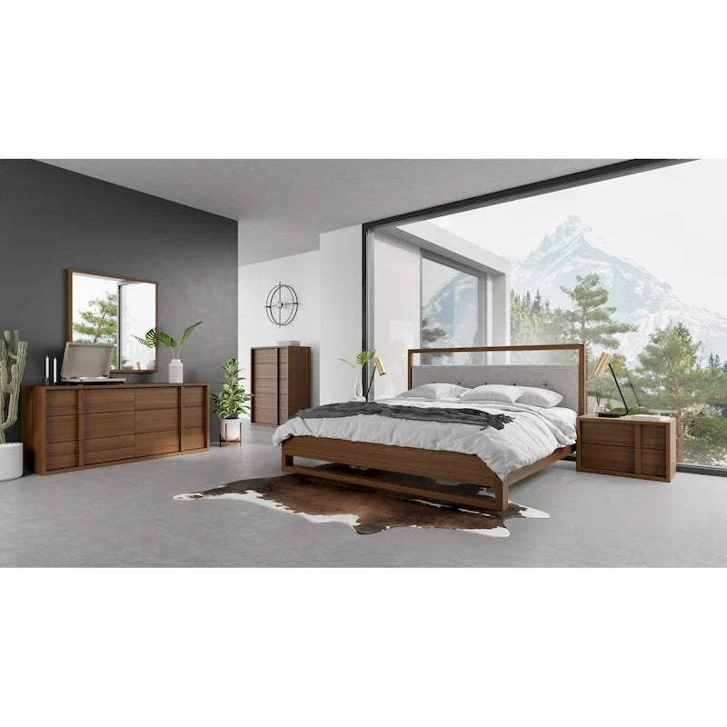 Struttura letto in tessuto grigio moderno e legno di noce