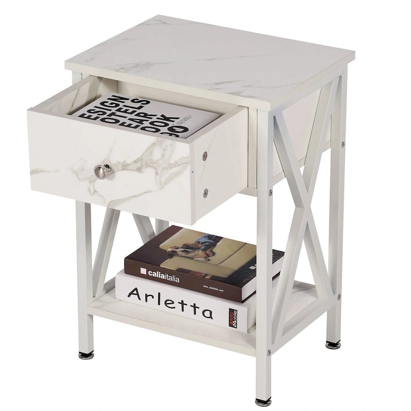 Comodino moderno di metà secolo con cassetto e ripiani aperti, 40x30x55 cm