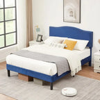 Struttura letto imbottita con testiera camelback con borchie, singolo/una piazza e mezza/matrimoniale, blu