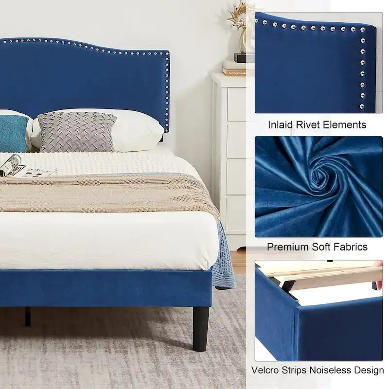 Struttura letto imbottita con testiera camelback con borchie, singolo/una piazza e mezza/matrimoniale, blu