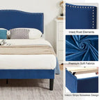 Struttura letto imbottita con testiera camelback con borchie, singolo/una piazza e mezza/matrimoniale, blu