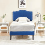 Struttura letto imbottita con testiera camelback con borchie, singolo/una piazza e mezza/matrimoniale, blu