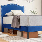 Struttura letto imbottita con testiera camelback con borchie, singolo/una piazza e mezza/matrimoniale, blu