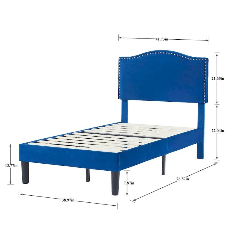 Struttura letto imbottita con testiera camelback con borchie, singolo/una piazza e mezza/matrimoniale, blu