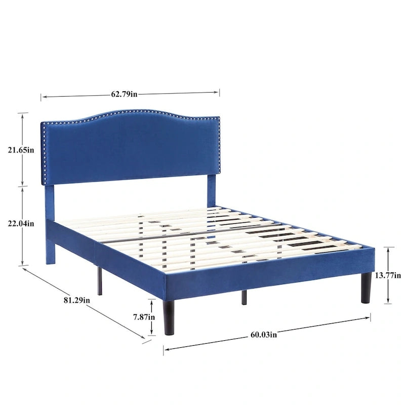 Struttura letto imbottita con testiera camelback con borchie, singolo/una piazza e mezza/matrimoniale, blu