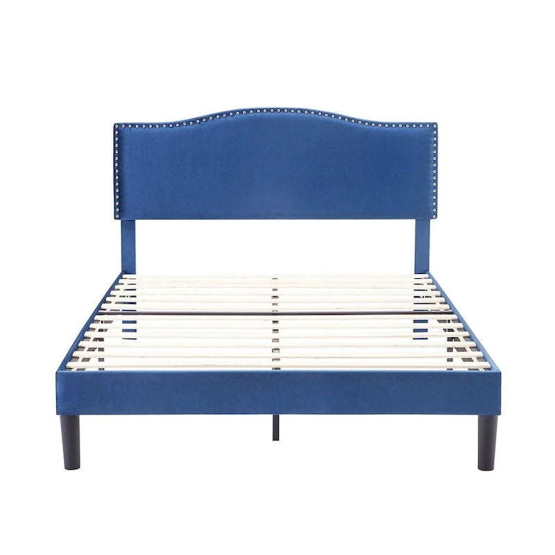 Struttura letto imbottita con testiera camelback con borchie, singolo/una piazza e mezza/matrimoniale, blu