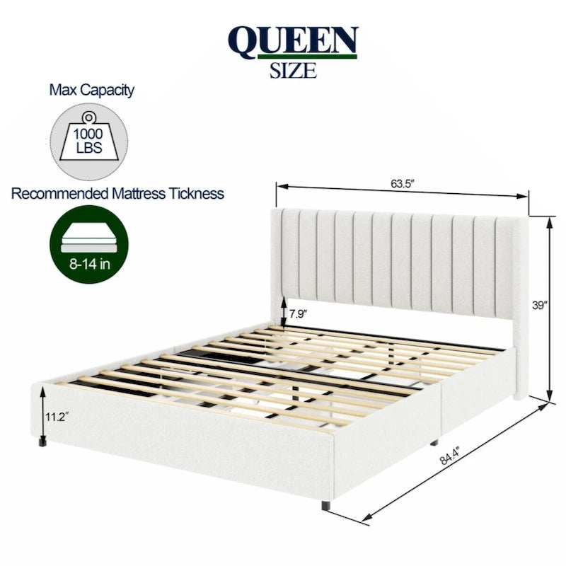 Letto a piattaforma imbottito avorio con 4 cassetti contenitore, Queen Size