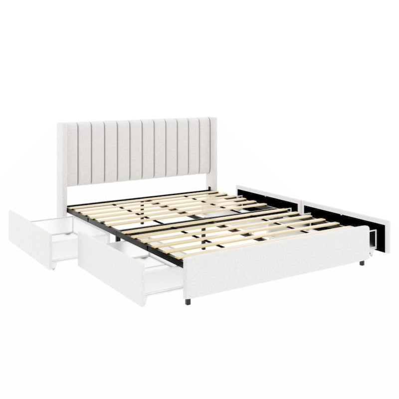 Letto a piattaforma imbottito avorio con 4 cassetti contenitore, Queen Size