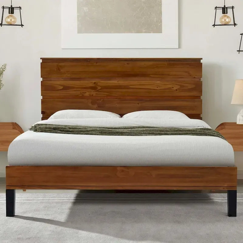 Letto matrimoniale king-size con piattaforma in legno massiccio e testiera a sei pezzi