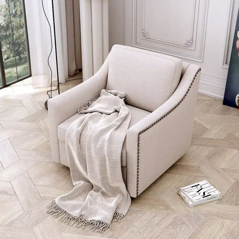 Poltrona girevole a 360 gradi, Tessuto in lino-cotone grigio, Base in metallo nero