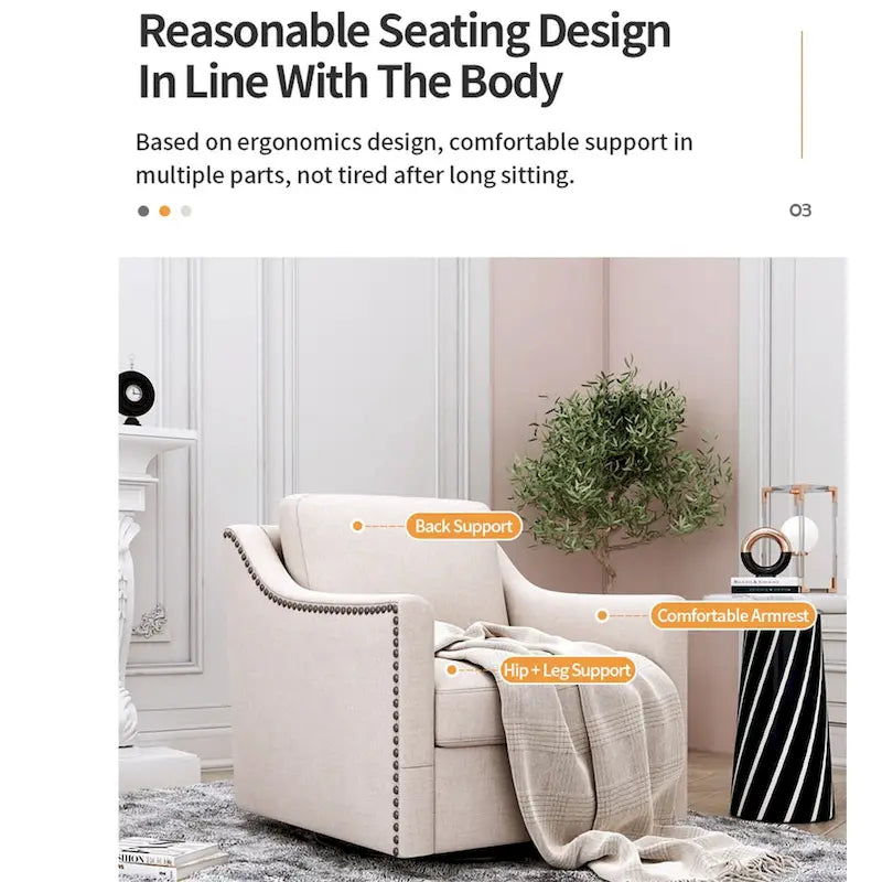 Poltrona girevole a 360 gradi, Tessuto in lino-cotone grigio, Base in metallo nero