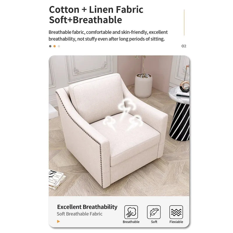 Poltrona girevole a 360 gradi, Tessuto in lino-cotone grigio, Base in metallo nero