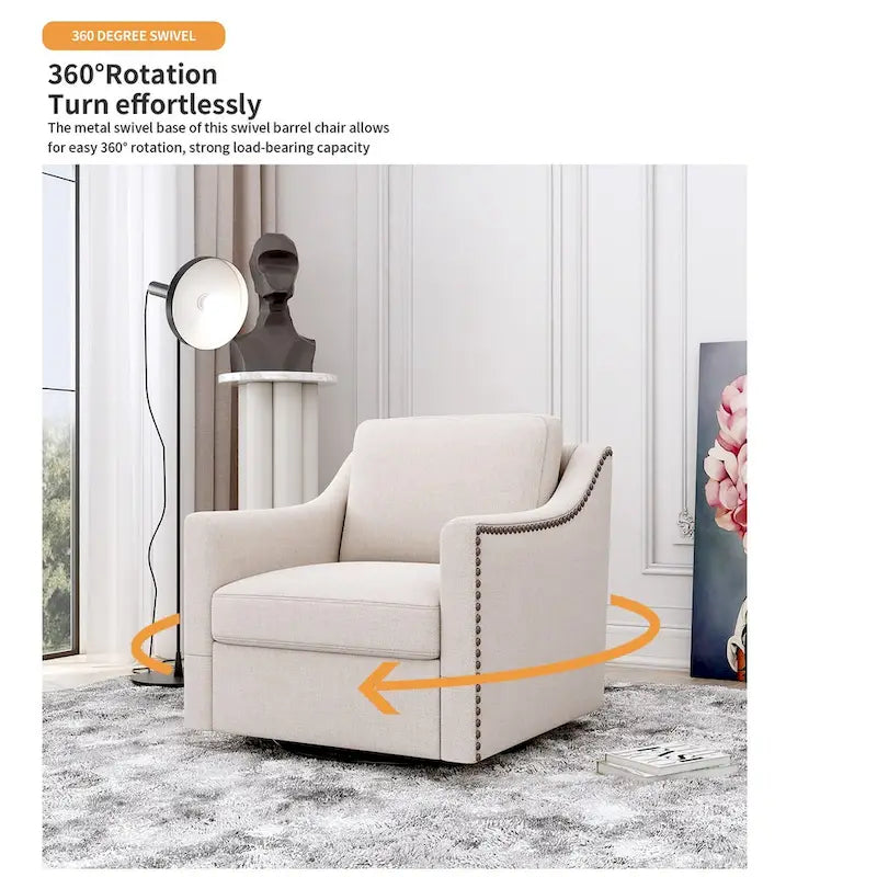 Poltrona girevole a 360 gradi, Tessuto in lino-cotone grigio, Base in metallo nero