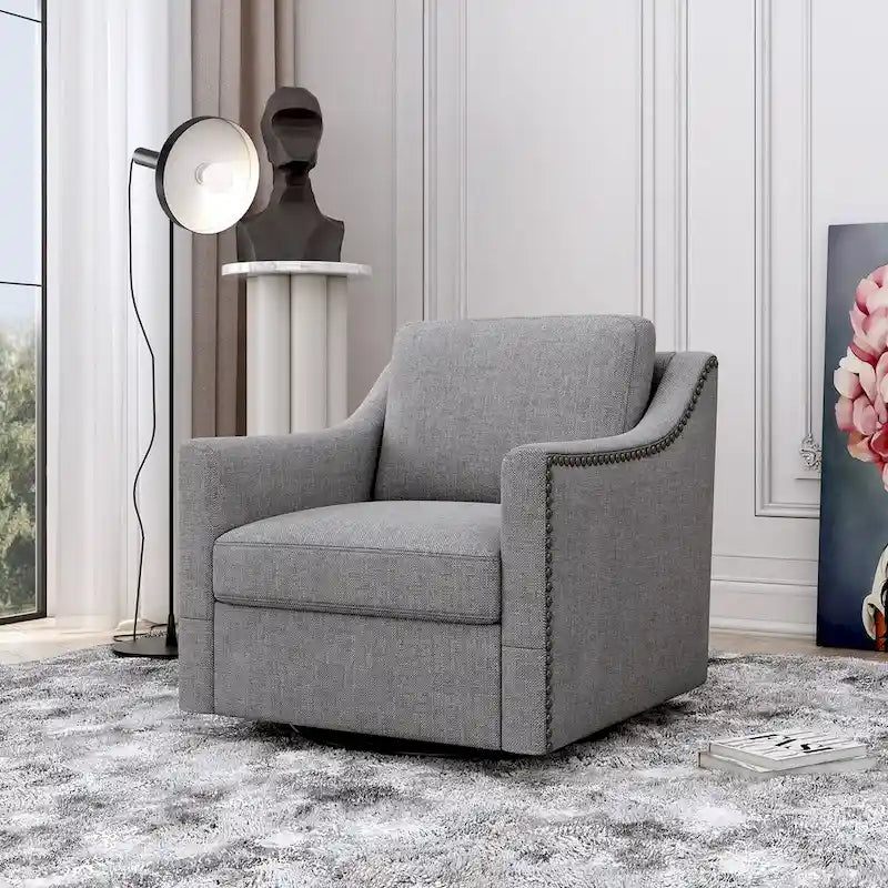 Poltrona girevole a 360 gradi, Tessuto in lino-cotone grigio, Base in metallo nero