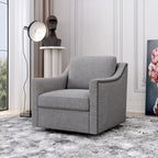 Poltrona girevole a 360 gradi, Tessuto in lino-cotone grigio, Base in metallo nero