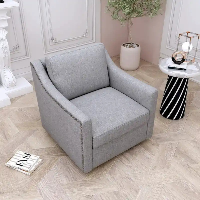Poltrona girevole a 360 gradi, Tessuto in lino-cotone grigio, Base in metallo nero