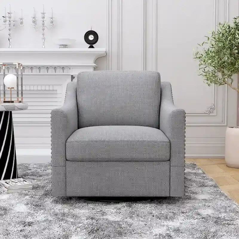 Poltrona girevole a 360 gradi, Tessuto in lino-cotone grigio, Base in metallo nero