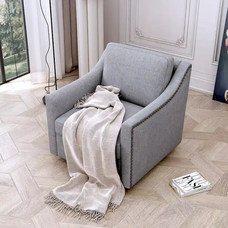 Poltrona girevole a 360 gradi, Tessuto in lino-cotone grigio, Base in metallo nero