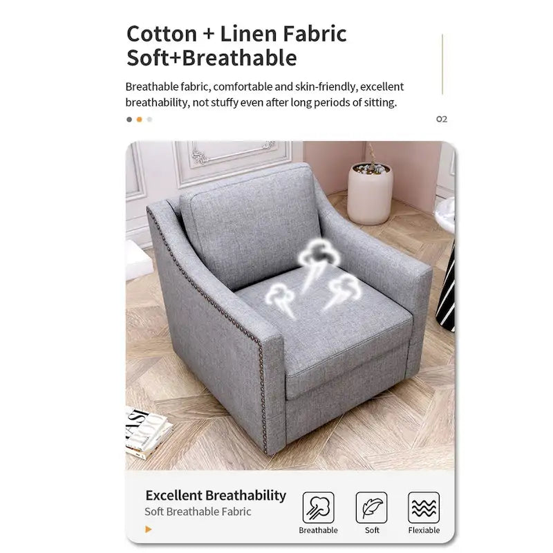 Poltrona girevole a 360 gradi, Tessuto in lino-cotone grigio, Base in metallo nero