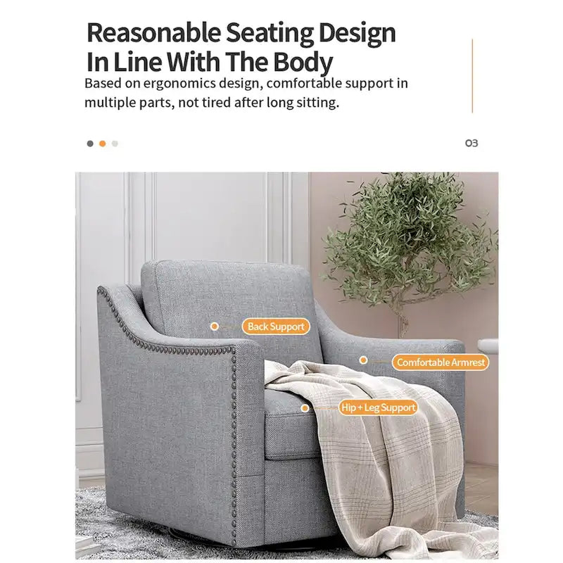 Poltrona girevole a 360 gradi, Tessuto in lino-cotone grigio, Base in metallo nero